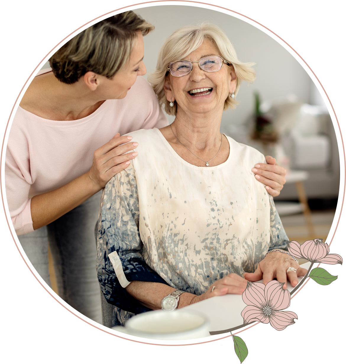A woman helping an older woman use a walker 