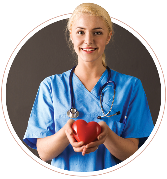INTERESTED IN HEISINGER BLUFFS SENIOR LIVING COMMUNITY? A nurse holding a red heart in her hand