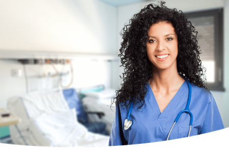 Long-Term Care: Continuous Comfort and Care: Long-Term Resident Services at Heisinger Bluffs in Jefferson City, Missouri. A nurse smiling in a hospital room with a stethoscope around her neck