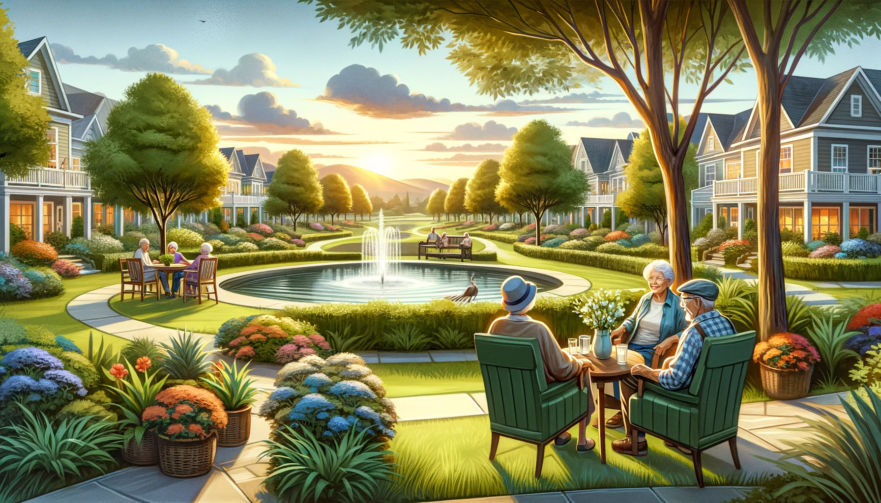 An elderly couple sitting at a table in a garden