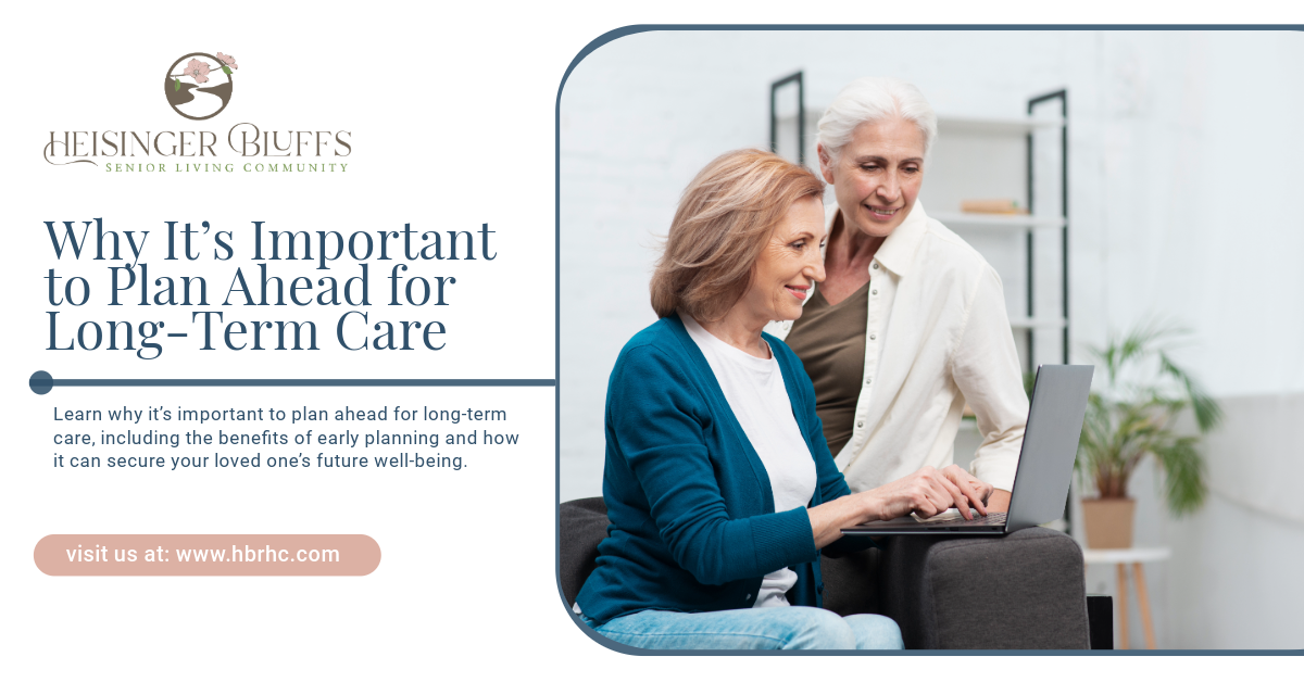 A woman using a laptop for planning for long-term care with her elderly mom