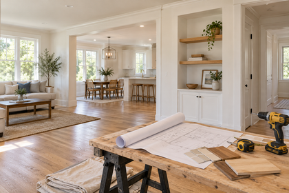 Partially renovated hallway with exposed ceiling joists, white walls, chairs, tools, and construction debris.