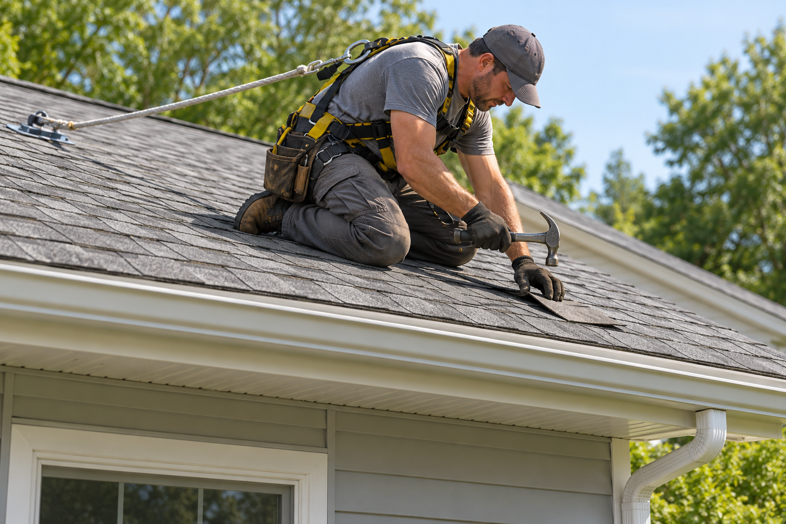 Roofer in blue jeans, using a nail gun to install black shingles on a roof under a blue sky.