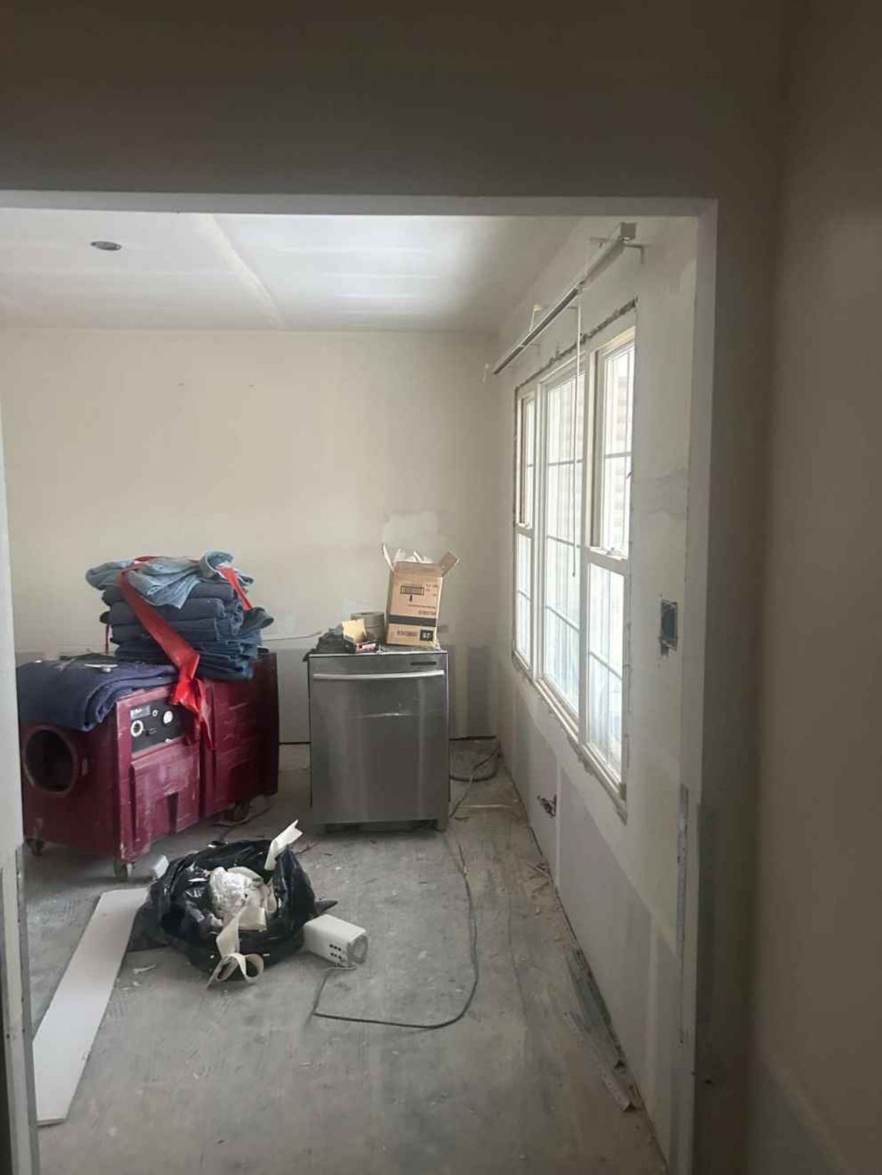 Cluttered utility room with a dog lying on the floor, a washer, a sink, and windows on the right.