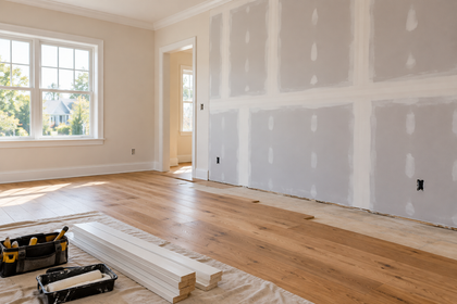Partially renovated hallway with exposed ceiling joists, white walls, chairs, tools, and construction debris.