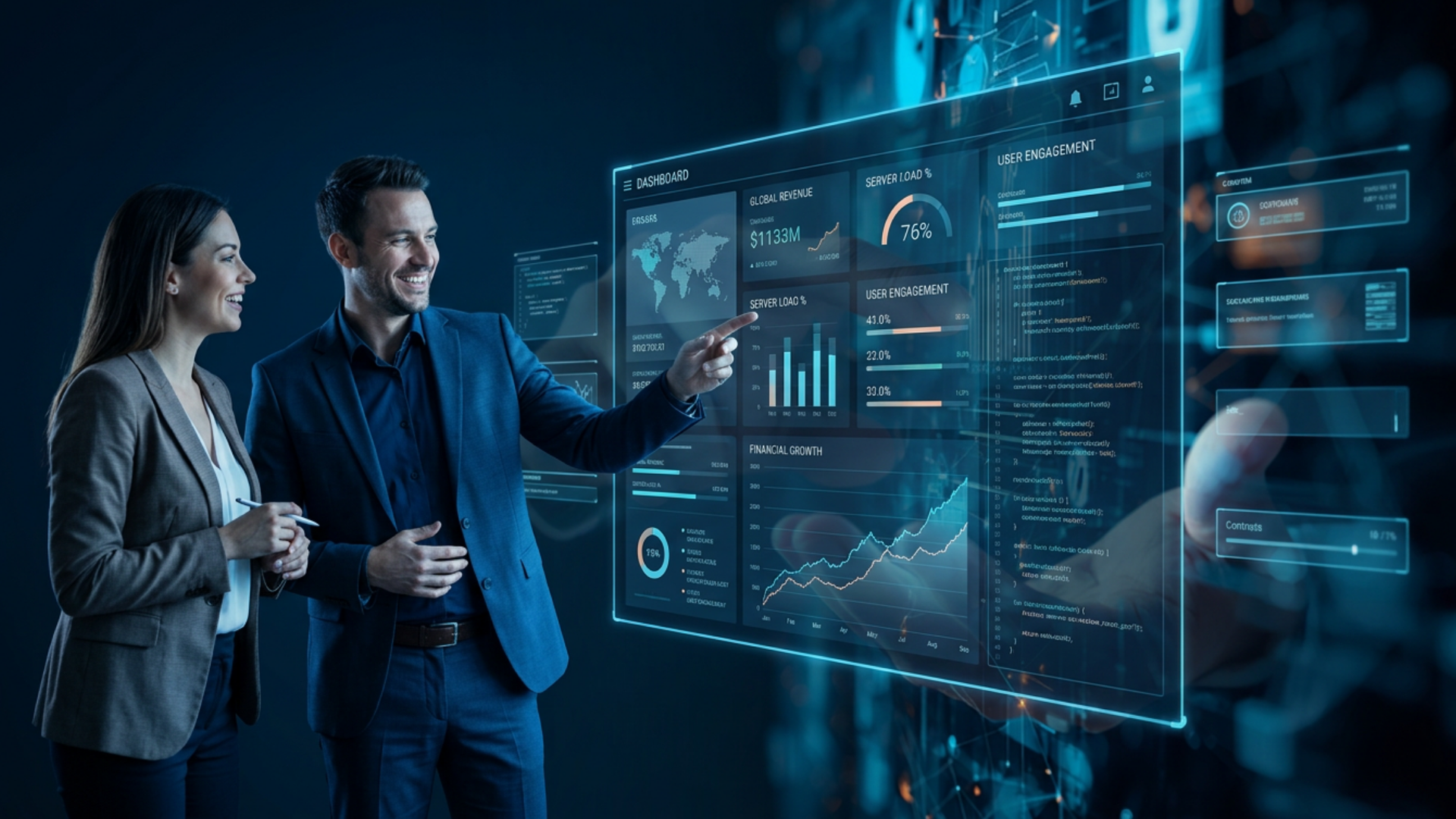 Zwei Fachleute betrachten ein futuristisches Daten-Dashboard mit blau leuchtenden Diagrammen und holografischen Bildschirmen.