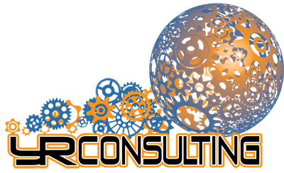 Logo: Globus aus Zahnrädern, darunter der Text „YR CONSULTING“, Farbschema blau/orange.