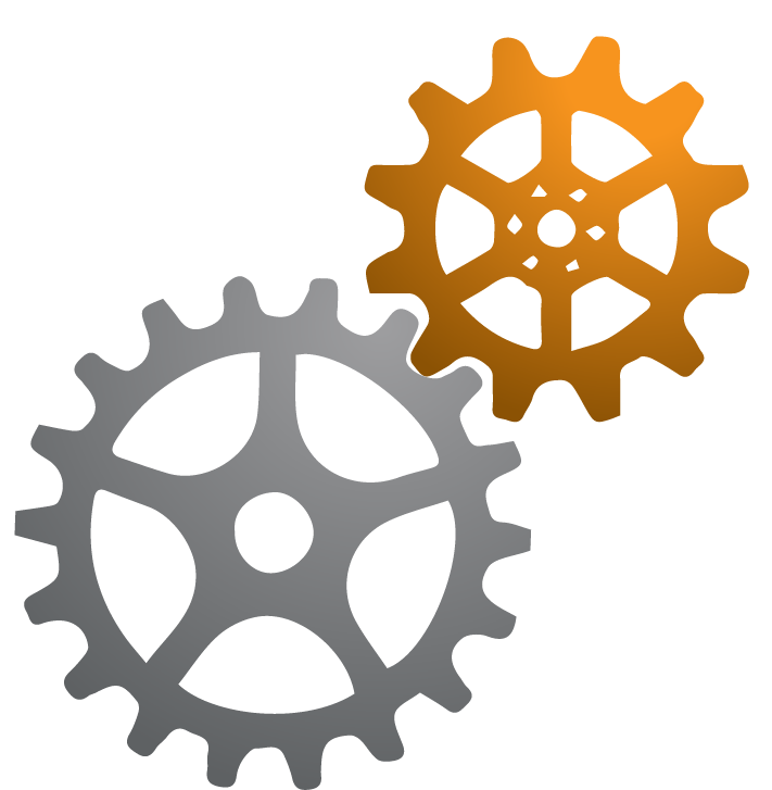 Zwei ineinandergreifende Zahnräder, eines silberfarben, eines orangefarben, symbolisieren Einstellungen oder Funktionalität.