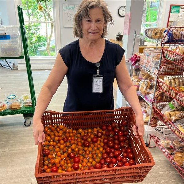 A woman is holding a basket full of cherry tomatoes