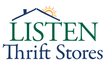 The logo for listen thrift stores shows a house with a sun on the roof.