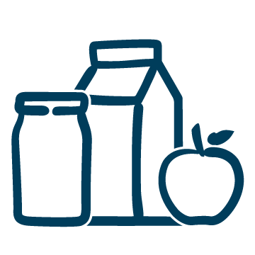 A line drawing of a milk carton , jar , and apple.