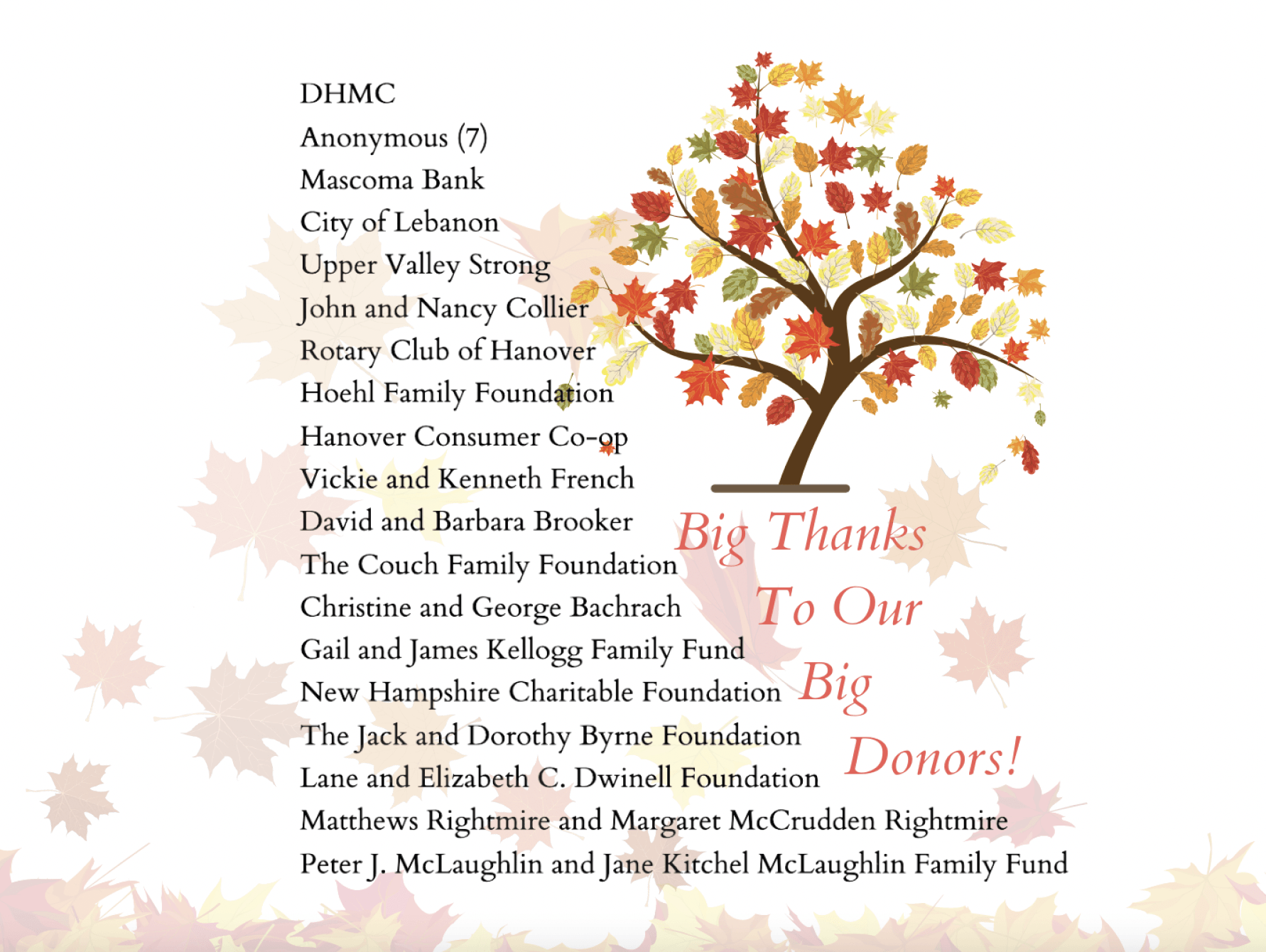 A thank you card with a tree and a list of donors