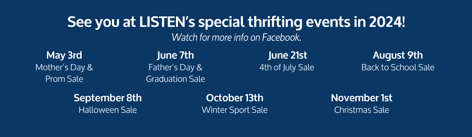 A blue sign that says see you at listen 's special thrifting events in 2024