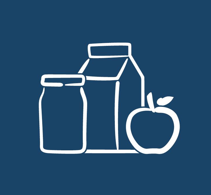 A line drawing of a milk carton , jar , and apple on a blue background.