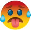 A cartoon smiley face with sweat coming out of its nose and tongue sticking out.