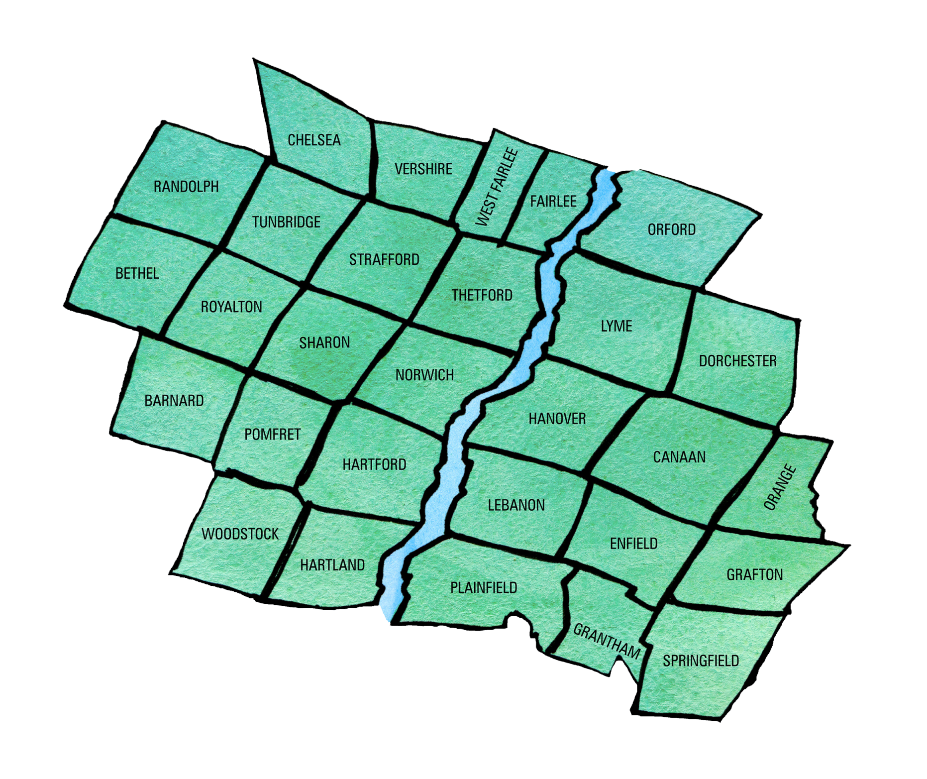 A drawing of a map with a river in the middle
