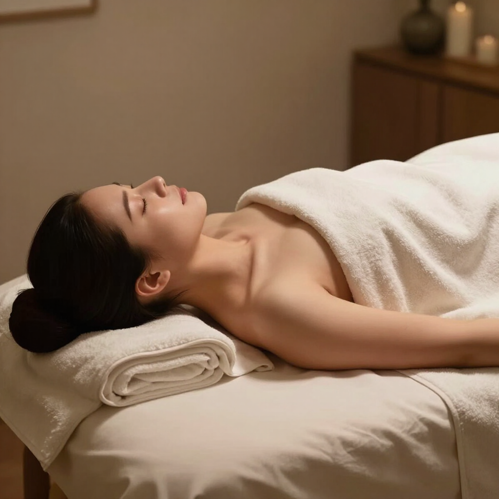Een persoon ligt op een massagetafel met een witte handdoek, in een rustige spa-omgeving.