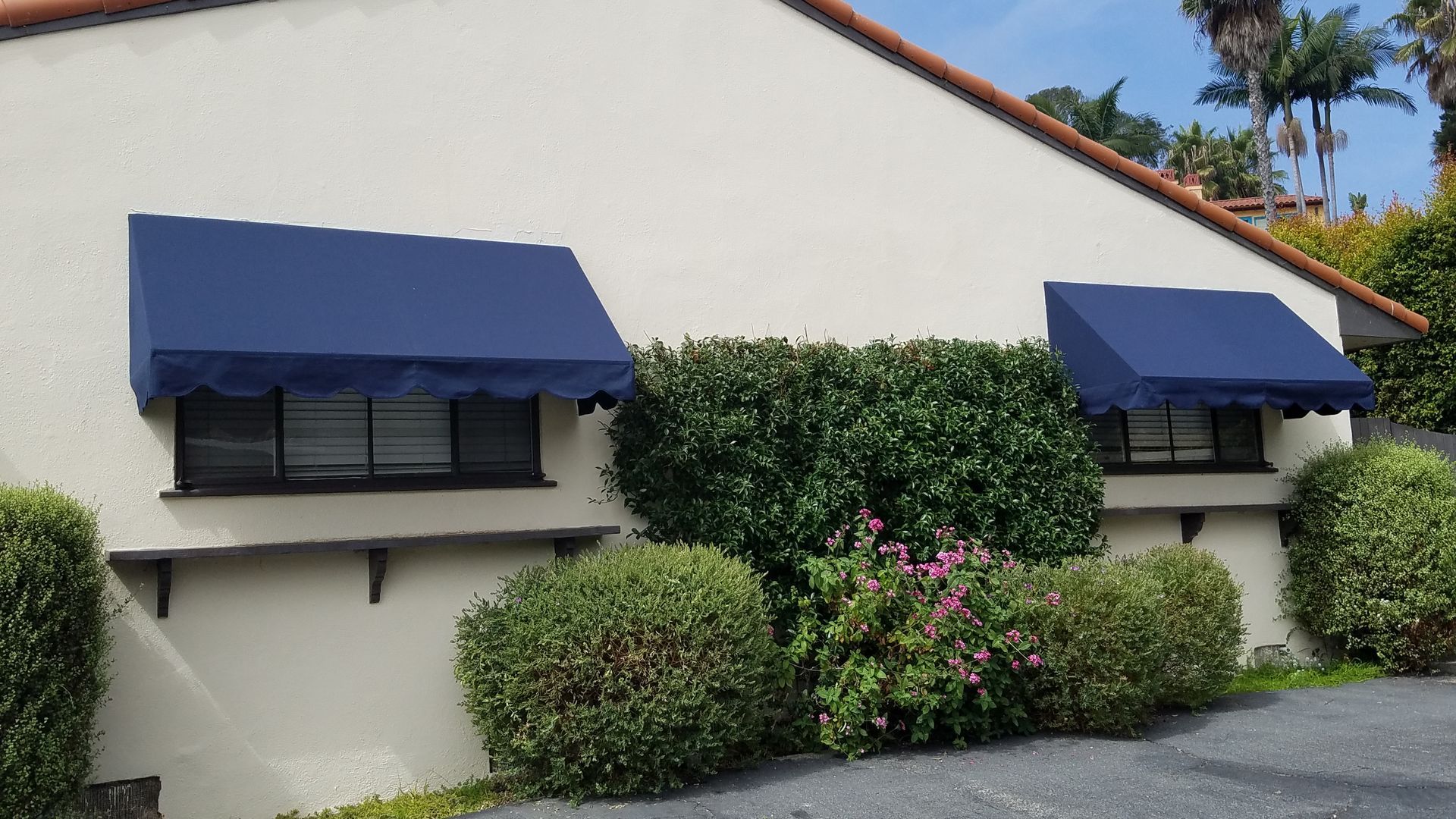 White building with blue awnings, trimmed shrubs, and palm trees beside a driveway