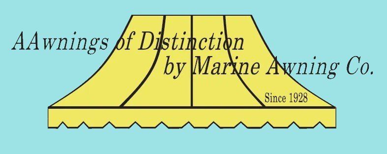 Logo for Awnings of Distinction by Marine Awning Co., with a yellow awning on a blue background.