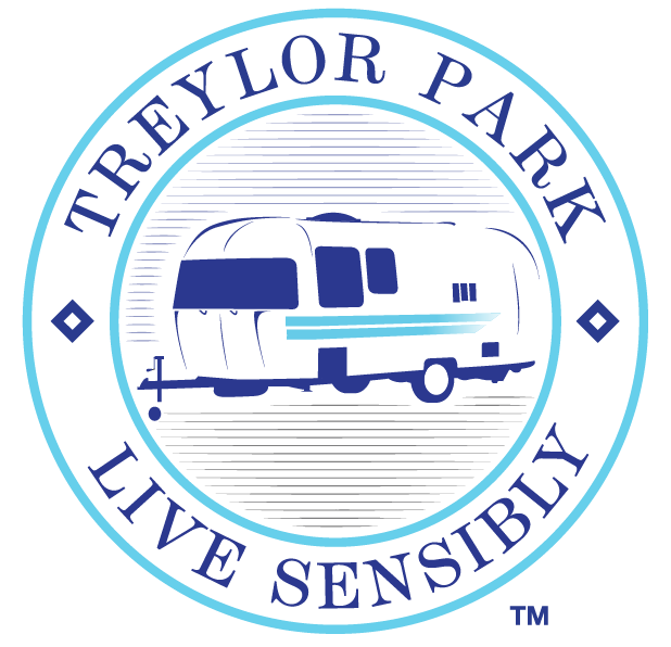 Logo: Treylor Park; blue and white vintage camper inside a light blue circle, text around says