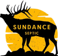 Black elk silhouette with antlers, "SUNDANCE SEPTIC" text, against a yellow textured sun background.