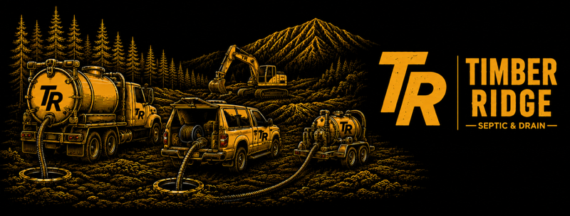 Timber Ridge logo with orange off-road trucks, mountain campsite, and forest in black and gold