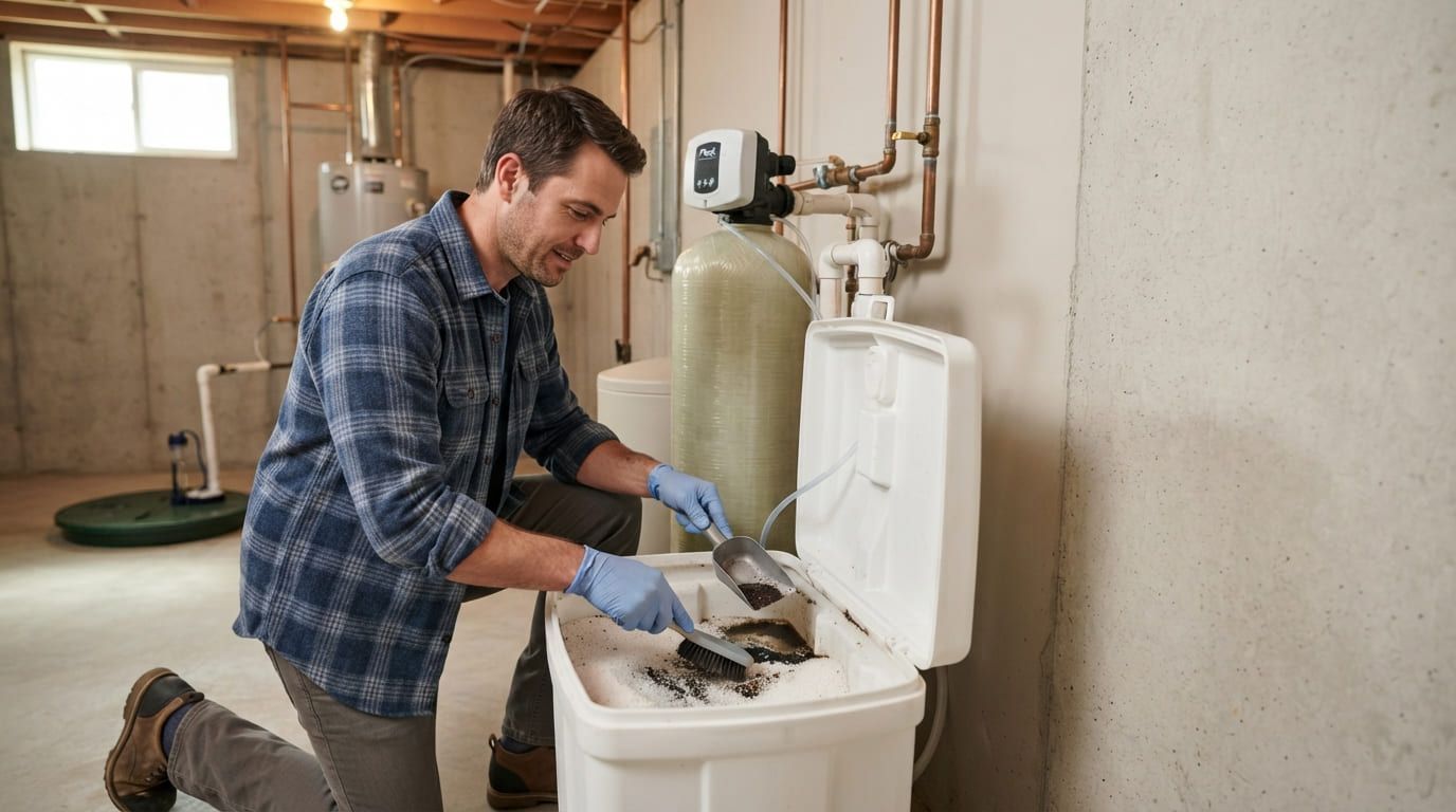 Person wearing gloves cleaning buildup from an open water softener brine tank