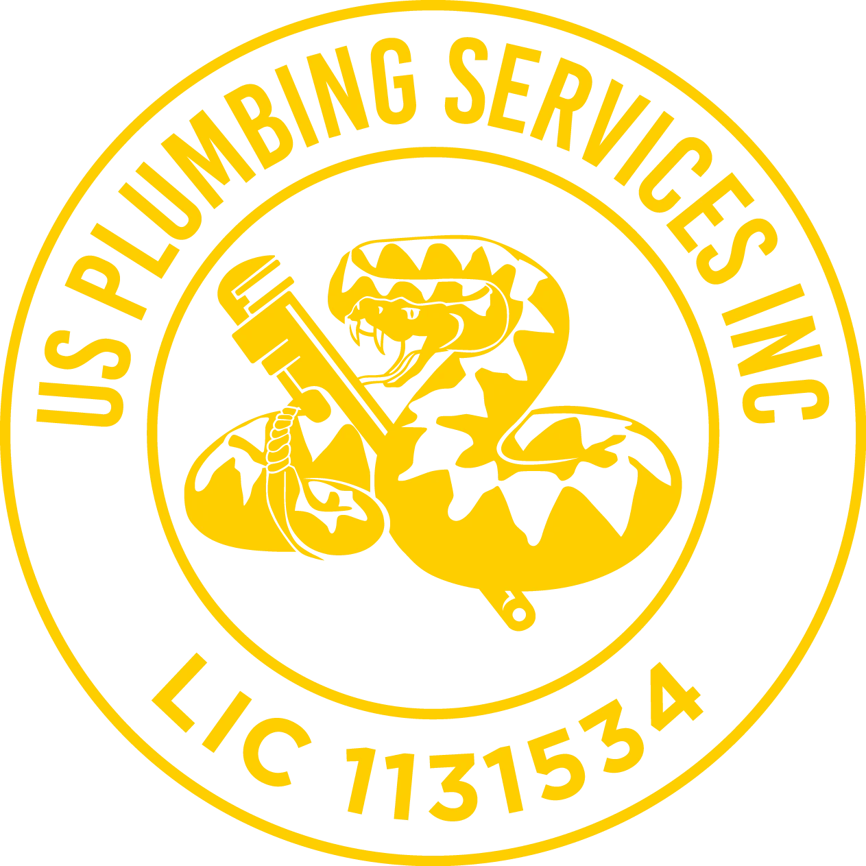 Yellow logo for US Plumbing Services Inc., featuring a snake coiled around a pipe wrench, with license number 71131534.