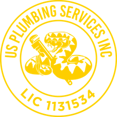 Yellow logo for US Plumbing Services Inc., featuring a snake coiled around a pipe wrench, with license number 71131534.