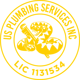 Yellow logo for US Plumbing Services Inc., featuring a snake coiled around a pipe wrench, with license number 71131534.