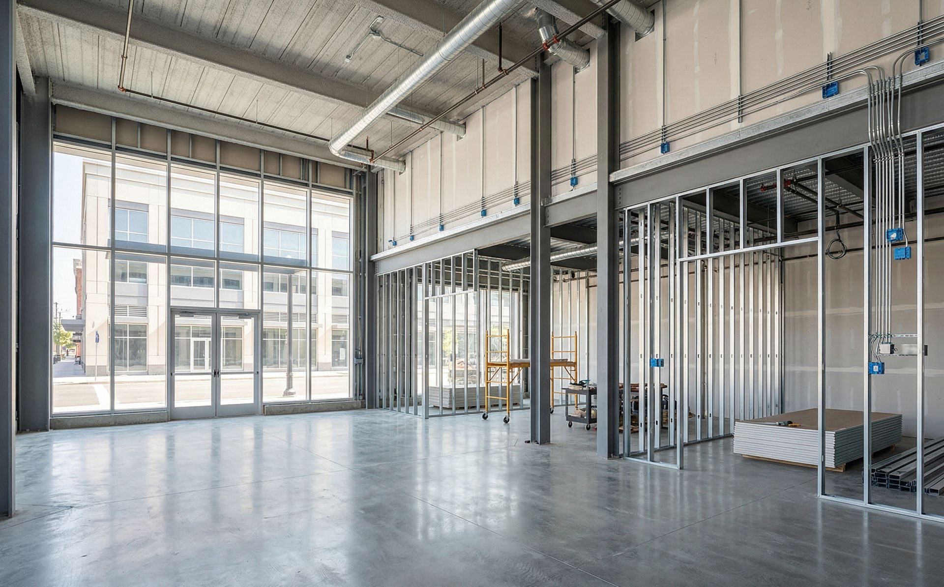 A wide, sunlit construction site featuring a tall glass storefront, concrete floors, and steel wall framing.