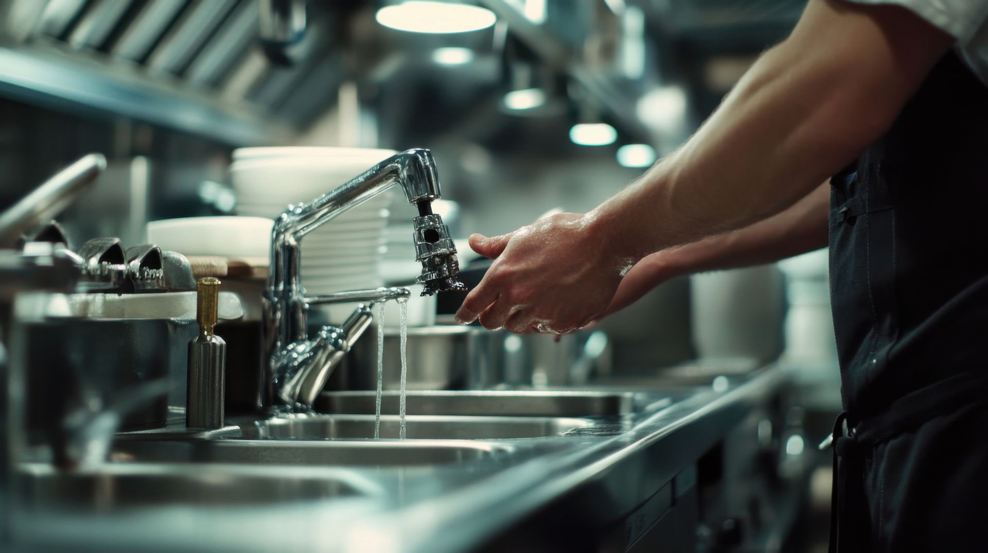 A person washes their hands at a commercial stainless steel sink in a professional kitchen.