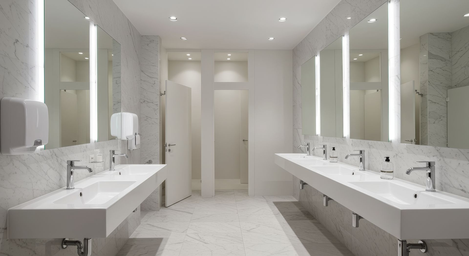 A person washes their hands at a commercial stainless steel sink in a professional kitchen.