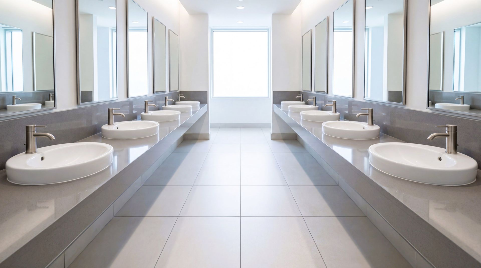 A symmetrical, modern public restroom with rows of white oval sinks on gray countertops and large mirrors on both walls.
