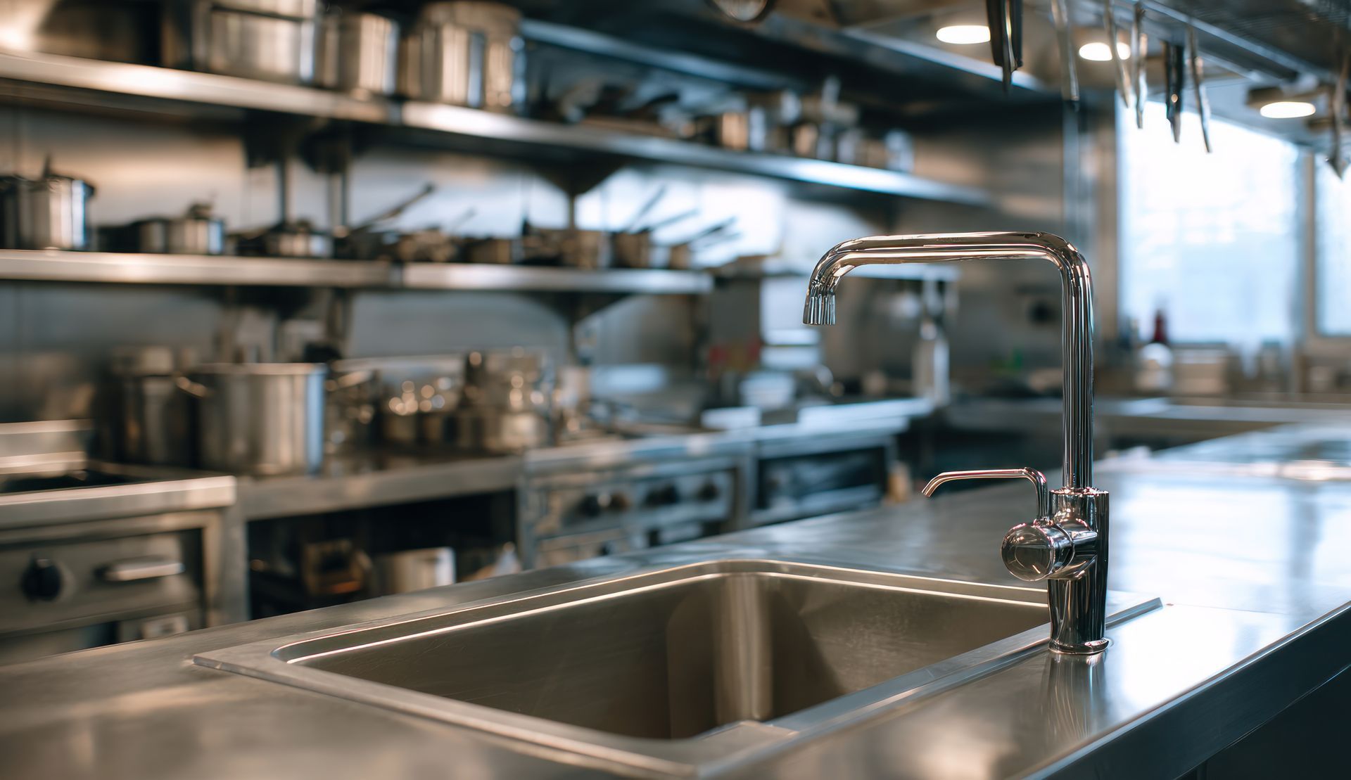 A stainless steel sink and faucet set in a professional commercial kitchen with metal shelving and cookware in the back.