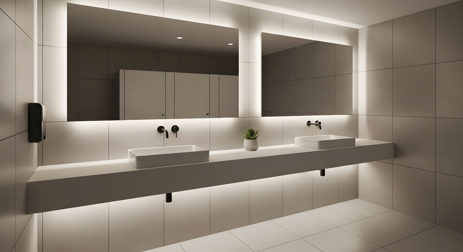 A modern, minimalist bathroom with dual wall-mounted sinks, backlit rectangular mirrors, and warm under-cabinet lighting.