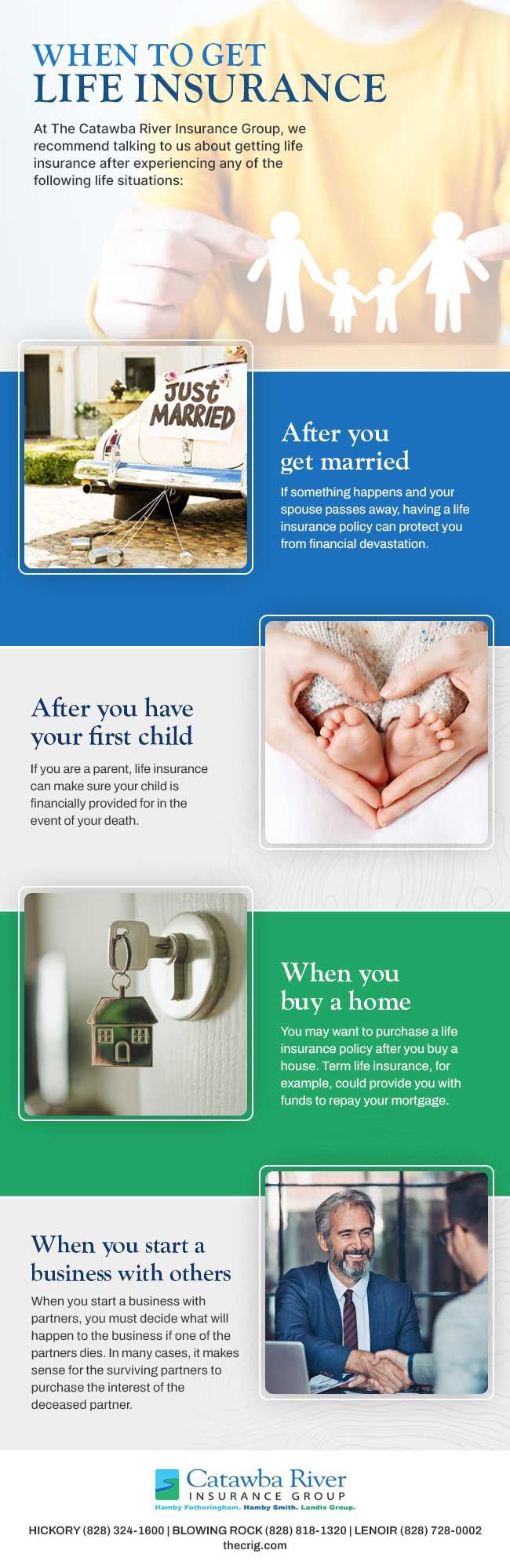 Life insurance advertisement with illustrations of family, moving truck, newborn, house keys, and a business meeting.