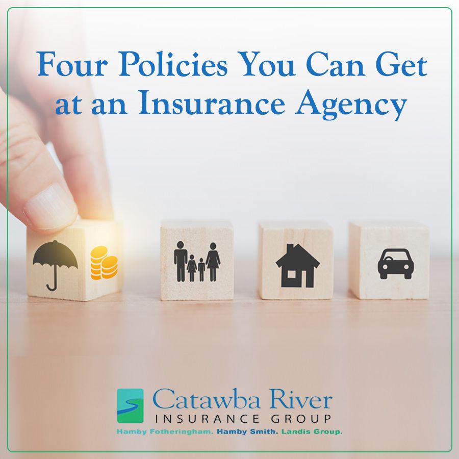 Hand placing insurance blocks: umbrella, coins, family, house, car. Catawba River Insurance Group logo.