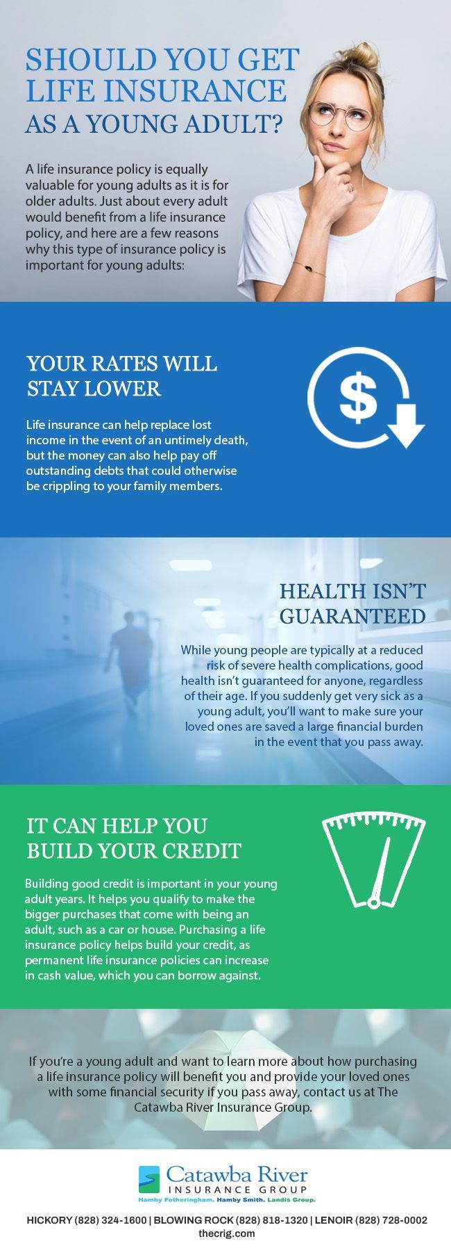 Infographic about life insurance for young adults. Shows a woman, dollar symbol, blurred person walking, and stacks of money.