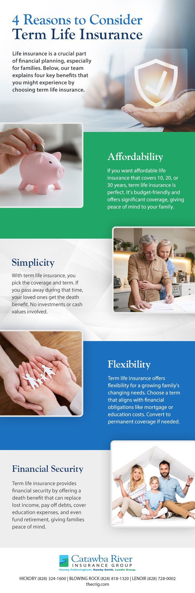 Infographic on 4 reasons to consider term life insurance: Financial stability, simplicity, family, and security.
