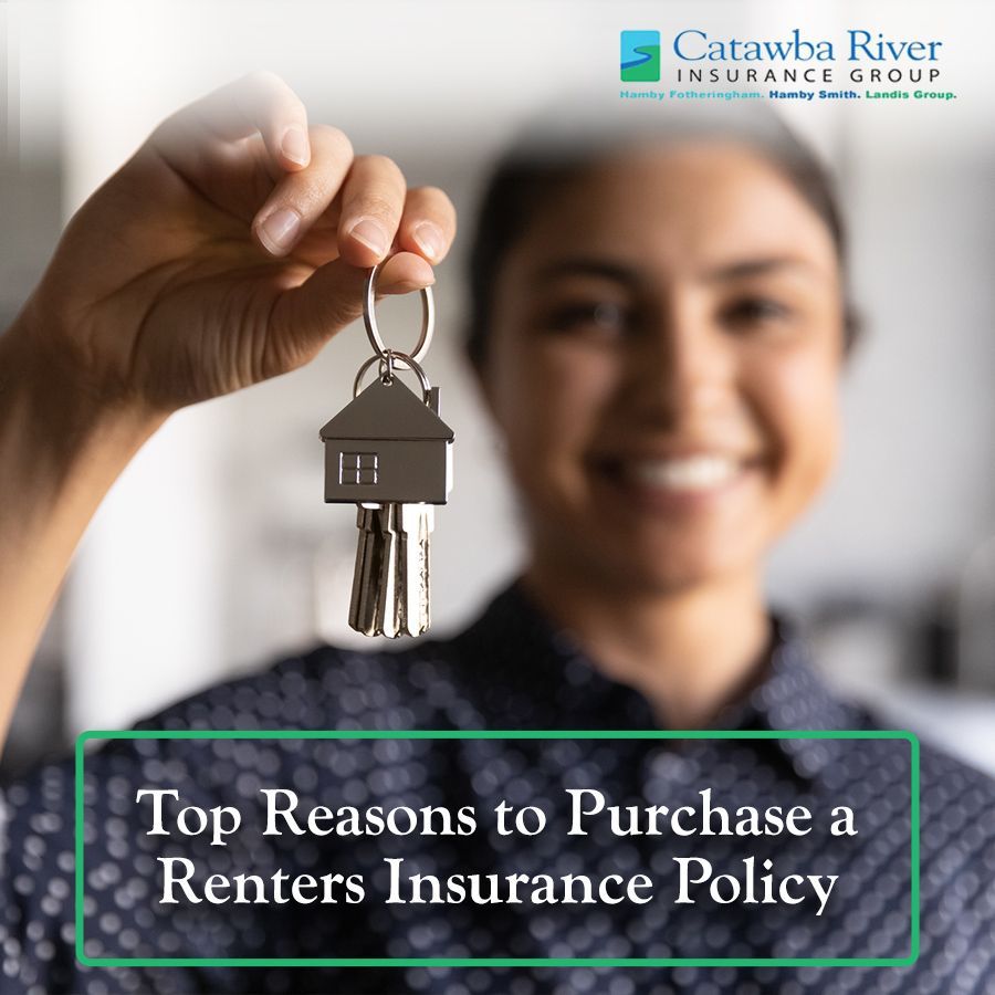 Woman holding house keys with a home key chain; text: Top Reasons to Purchase a Renters Insurance Policy.