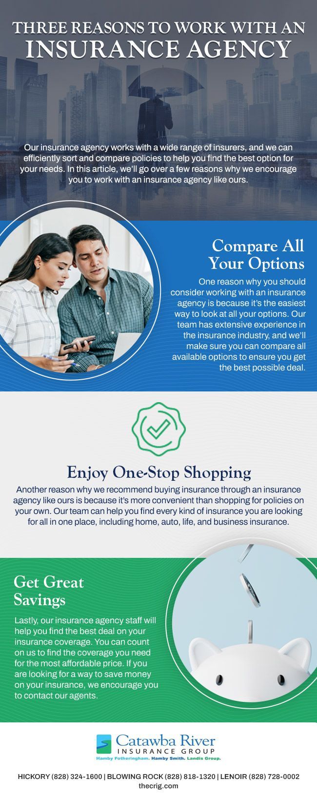 A promotional banner for an insurance agency listing three benefits: comparing options, one-stop shopping, and great service.