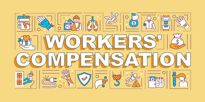 Workers' compensation graphic with icons, highlighting workplace safety and injury support on a yellow background.