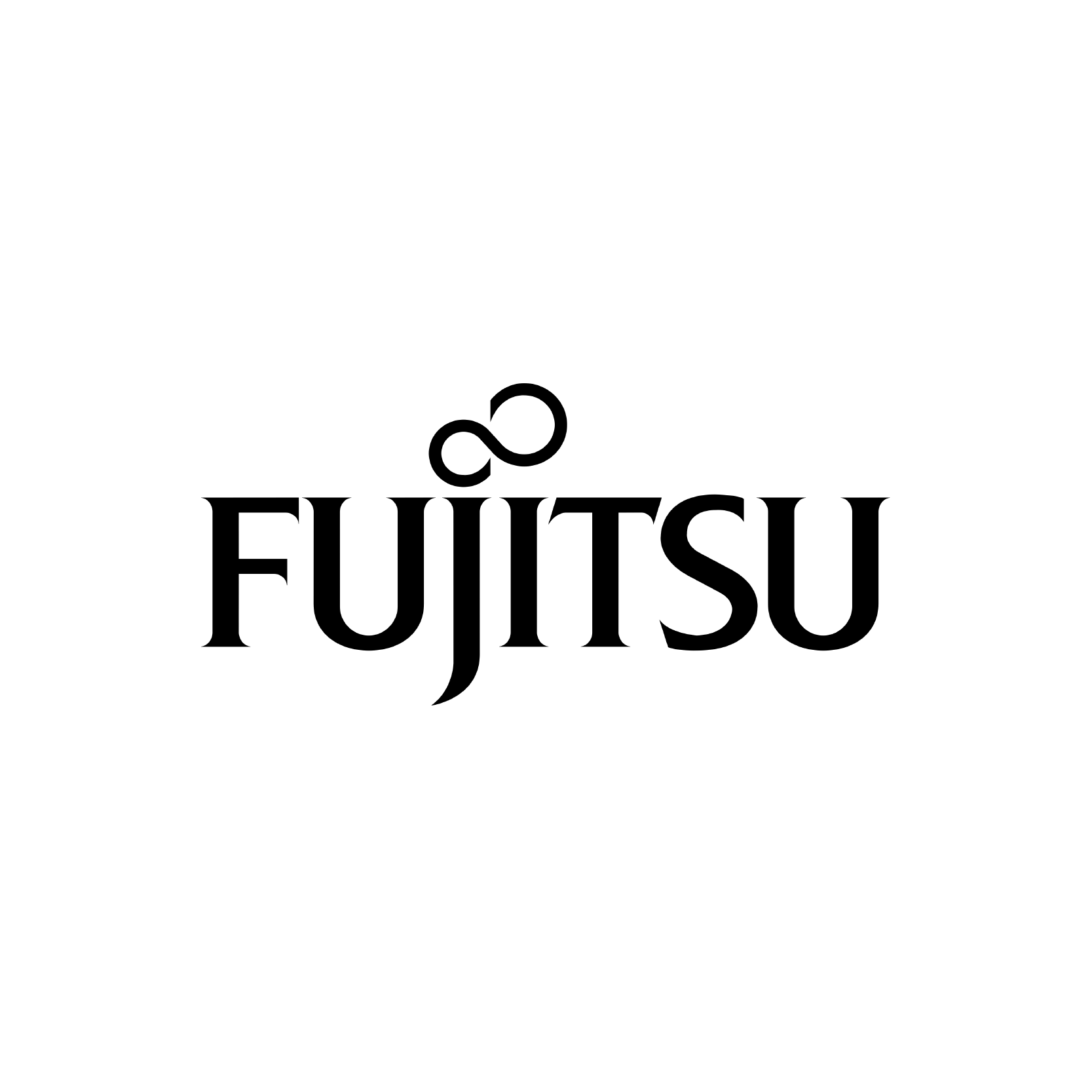 Le logo fujitsu est noir et blanc sur fond blanc.