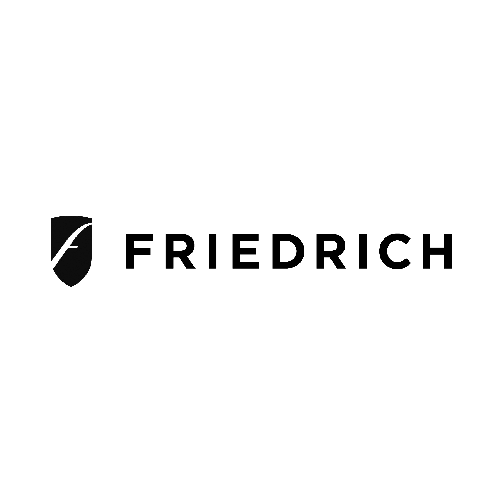 Un logo noir et blanc pour Friedrich avec un bouclier sur fond blanc.