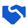 A blue and white handshake icon on a white background.