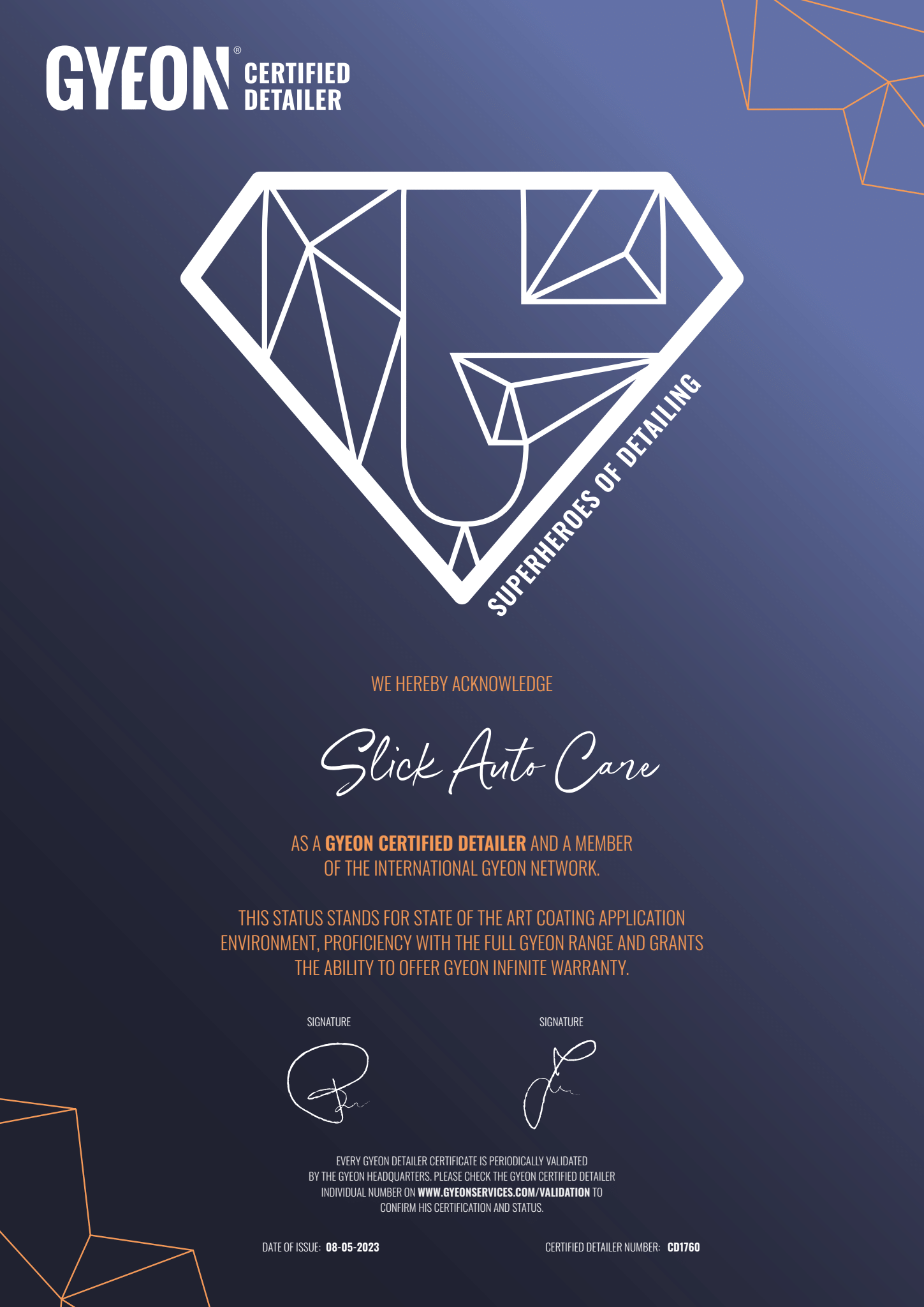 Gyeon detailing certificate with diamond logo, text:
