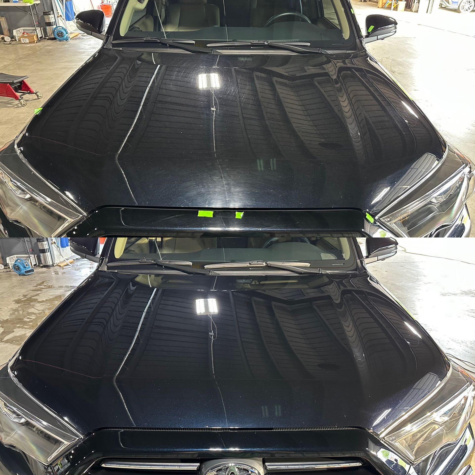 Black car hood and windshield shown twice in a side-by-side collage inside a garage.