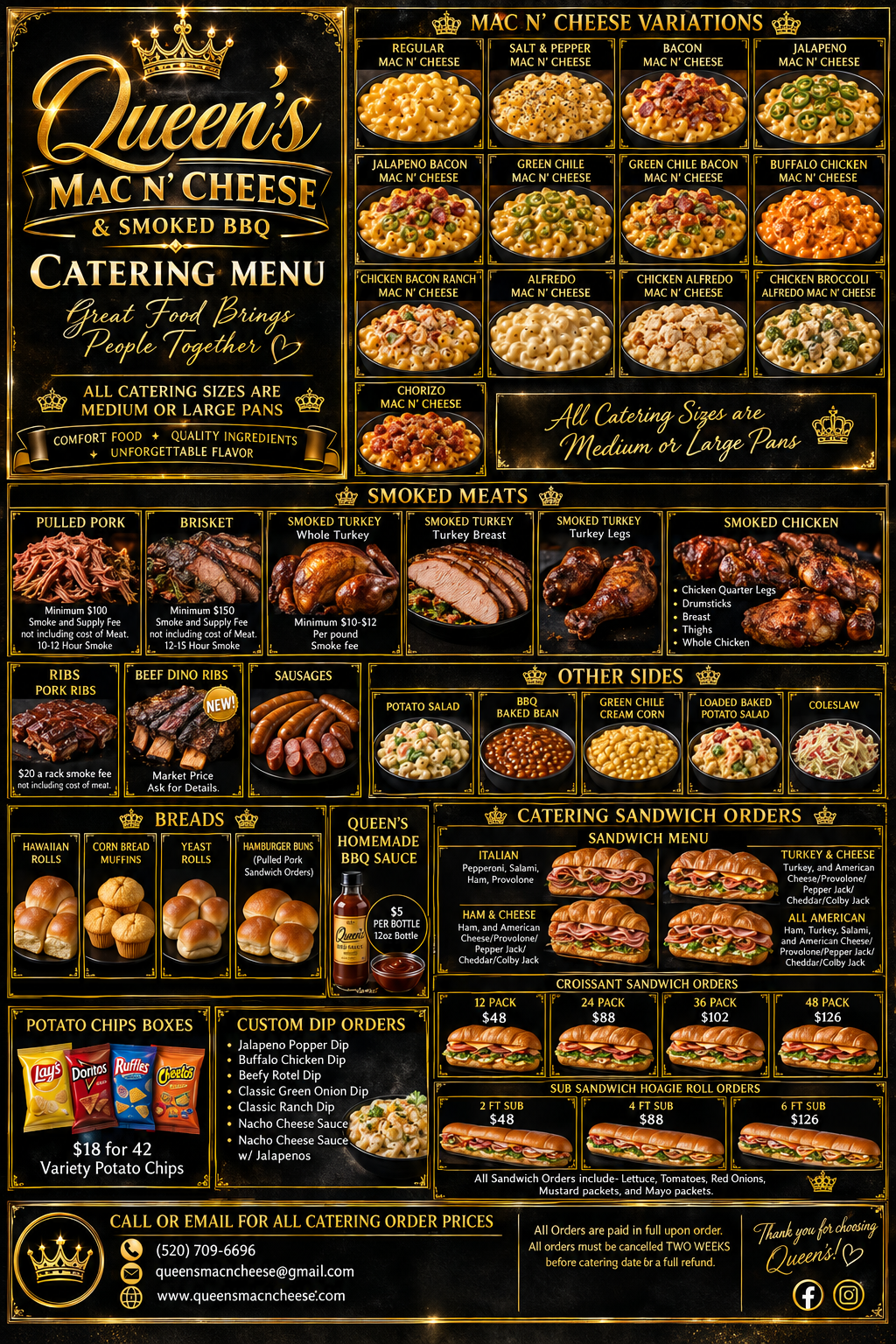 Queen's Mac N' Cheese black and gold catering menu with mac and cheese, smoked meats, sides and sandwiches.
