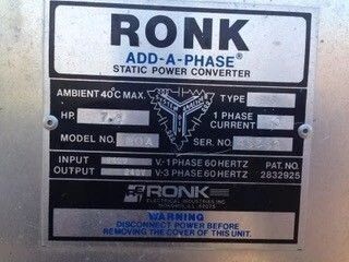 Black-and-white Ronk Add-A-Phase static power converter nameplate with model and electrical specs.